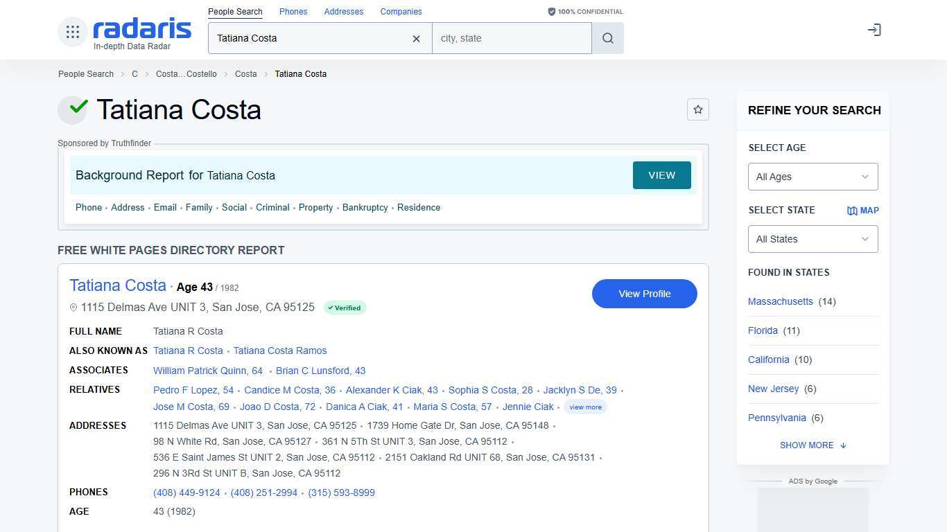 Tatiana Costa - Age, Phone Number, Contact, Address Info, Public Records Radaris